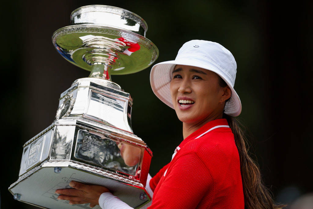 Amy Yang poses with the Women's PGA Championship trophy